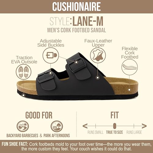 Image of CUSHIONAIRE Lane Cork Footbed Mens Sandals, Adjustable Buckle Comfort Slides for Men, Genuine Leather Insole Summer Sandals Men Footwear