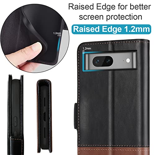 Kezihome Case For Google Pixel 7, Genuine Leather [Rfid Blocking] Wallet Case With Card Holder Kickstand Flip Protective Heavy Duty Phone Cover For Google Pixel 7 5G (Black/Brown) #TOP4