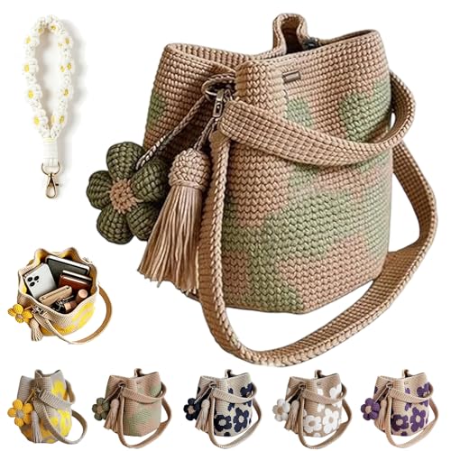 LLELEMAMO Handgefertigte Häkel-Tasche mit Blumen Gestrickte Floral-Handtasche Boho Gewebte Strandtasche für Sommerurlaub Ästhetische Schultertasche mit Quasten für Damen Reise & Alltag (Green)