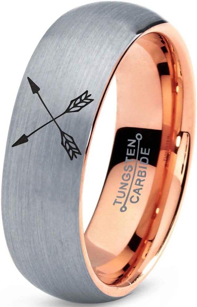 Archery Bow Arrows Crossed Ring - Tungsten Band 8mm - Men - Women - 18k Rose Gold Step Bevel Edge - Yellow - Grey - Blue - Black - Brushed - Polished - Wedding - Gift Dome Flat