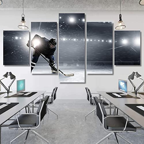 Leinwandbilder Foto Auf Leinwand Rahmenlos 150 X 100 Cm Schwarz-Weiß-Sport-Eishockey Poster Wandkunst Leinwand Malerei 5 Stück Hd Print Wohnzimmer Wohnzimmer Home Decoration Bild