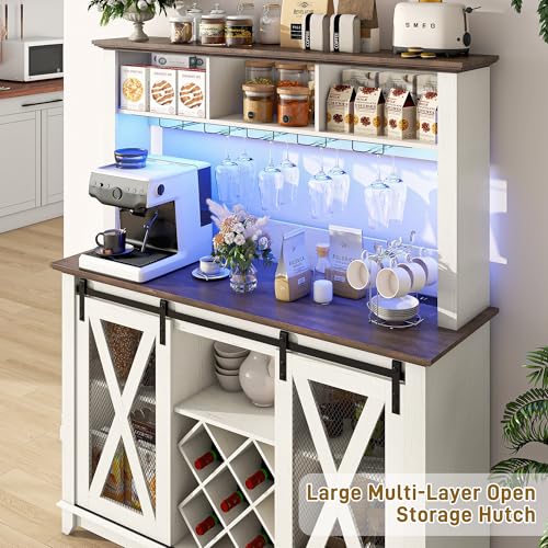 Image of 47 inchWide 56 inchH Farmhouse Coffee Bar Cabinet with Power Outlet and LED Light,Wine Bar Cabinet w /3 Storage Hutch,Kitchen Buffet Cabinet with 10 Wine and Glass Racks for Kitchen Dining Room(Antique White)