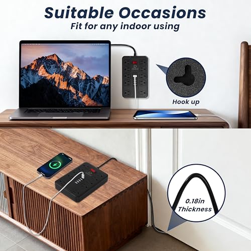 Protector eléctrico DUKVI con 10 tomas espaciadas y 6 puertos USB (2 USB-C), cable de extensión plano de 3 metros, montaje en pared miniatura 5