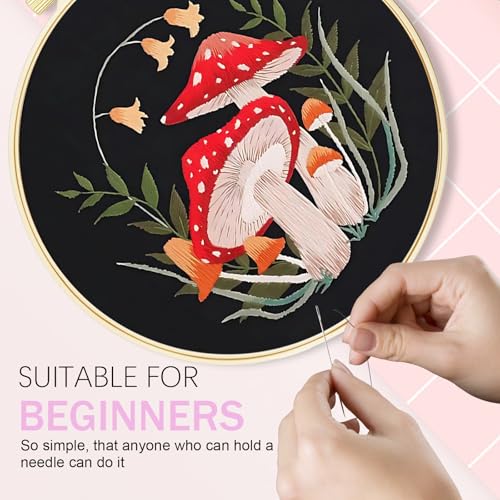 Image of Huacan Embroidery Kit for Beginners Adults Includes Stamped Flower Pattern, Hoop, Color Threads,Tools,Easy to Follow Instruction (Mushroom)