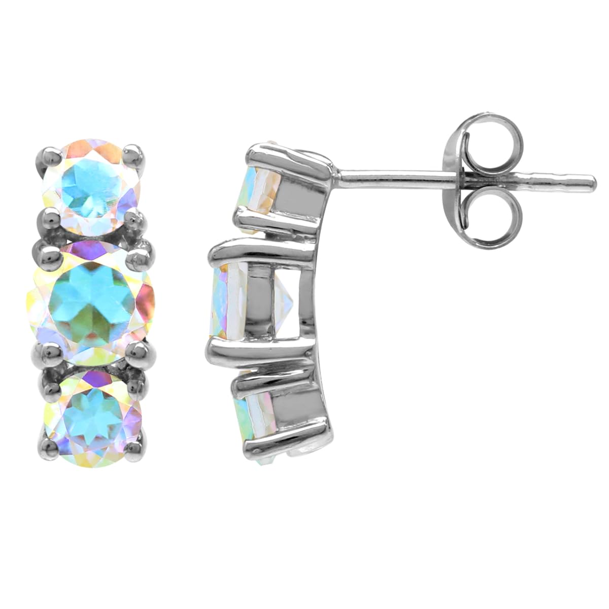 Silvershake Vertical 3-Stone Round Shape Gemstone White Gold Plated or Yellow Gold Plated 925 Sterling Silver Stud Post Earrings Jewelry for Women