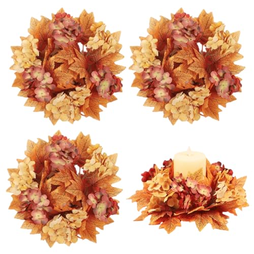 Typutomi 4Pcs Fall Decorative Candle Ring, Mini Artificial Fall Leaves Candle Wreaths Candlestick Holder Thanksgiving Halloween Decorative Candle Rings for Wedding Party Table Decor(9.85In)