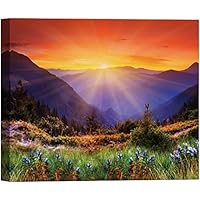 SIGNWIN Canvas Wall Art Yellow Sunrise in Orange Sky Over Purple Blue Mountain and Valleys Landscape Wilderness Realism Modern Panoramic Colorful for Living Room, Bedroom, Office - 12x18 inches