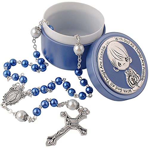 HanlinCC 6mm Glass Pearl Beads First Communion Catholic Rosary Necklace with Metal Gift Box2