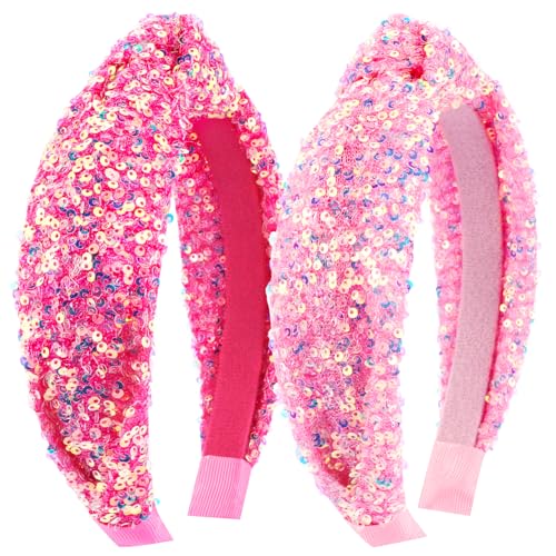 Vovii Sequin Knotted Headbands for Girls Cute Sparkly Princess Headband Glitter Hair Bands for Hair Accessories (Pink Hot Pink)
