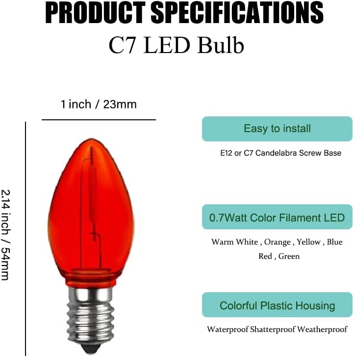 25 PCS C7 Red E12 Candelabra Base Shatterproof Plastic Replacement Bulbs, Vintage Clear Dimmable LED Light Bulbs for Outdoor Indoor Backyard Christmas String Lights (red)