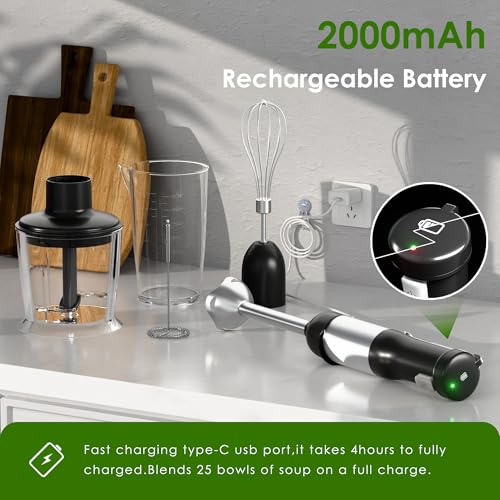 Image of Cordless Immersion Hand Blender, 5-in-1 Variable Speed blender handheld,Rechargeable with 2000mAh Battery, BPA-Free & Dishwasher-Safe Accessories:700ml Beaker,Chopper,Whisk & Milk Frother,Black