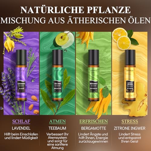 Ätherischen Ölen Roll On Geschenkset 8x10ml, Natürliche Aromatherapie Öle, Lavendel, Teebaum, Bergamotte, Weihrauch, Hilft beim Einschlafen, Stress, Geschenk für Frauen Männer