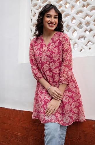Image of Janasya Women's Georgette Floral Regular Tunic