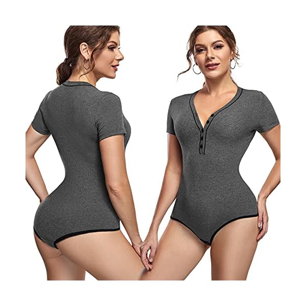 HAENPISY-Short-Sleeve-Bodysuit-for-Women-Basic-Slim-Fit-V-Neck-Button-Up-Ribbed-Knit-Thong-Leotards-Top HAENPISY Short Sleeve Bodysuit for Women Basic Slim Fit V Neck Button Up Ribbed Knit Thong Leotards Top(X-Large, Grey)