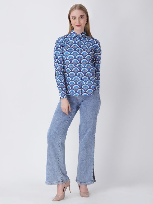 Image of For U Women Blue Cotton Printed Shirt