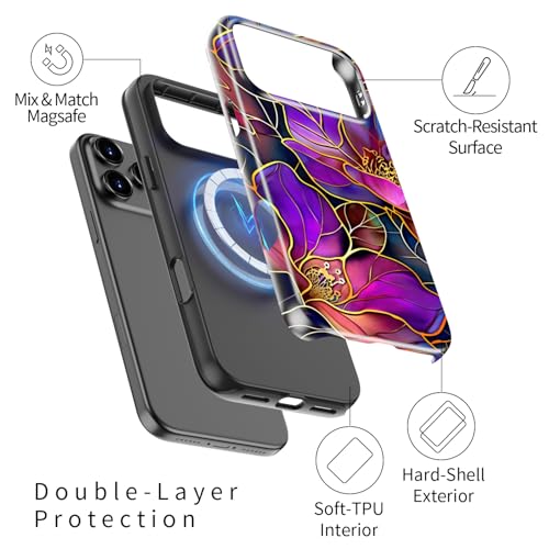 Image of Goodon for iPhone 17 Pro Case Cute - Wireless Charging Compatible - Dual-Layer Hard Shell + Silicone Cover - Protective Phone Case with Trendy Designs for Women - Blooming Purple Flowers | Dual-Layer Hard Shell + Silicone, Slim Fit Protective Phone Cover with Wildflower Designs for Women Girls
