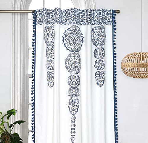 Image of Tranquebar Curtain Co. 100% Cotton, Moroccan Tasseled Geometric Print, Room Darkening Curtains for Door (with Back Tabs) - 7 Feet, Daira: Blue, 1 Piece (Length 213 cm)