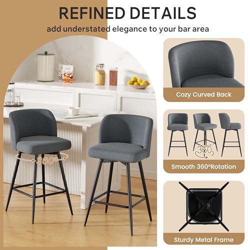 Image of Swivel Bar Stools Set of 2, 26 inch Counter Height Bar Stools with High Back and Metal Legs, Fabric Bar Chairs, Modern Barstools for Kitchen Island, Light Grey