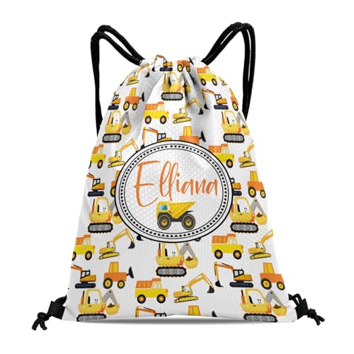 Construction Tractor Truck Draw String Bags with Name Text Personalized Sports Gym Sackpack for Womens Mens