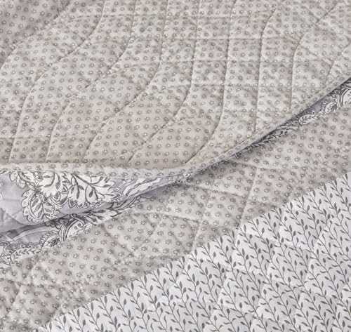 Chezmoi Collection Robyn 3-Piece Neutral Taupe Gray White Floral Hibiscus Flower Patchwork Striped Quilt Set - Pre-Washed Cotton Coverlet - Lightweight Reversible Bedspread, King Size - Image 8