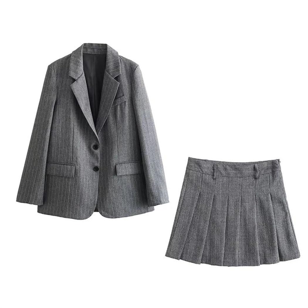 Women Suit Set Pinstripe Jacket and Mini Skirt Elegant Casual Office Lady Two Piece Outfit