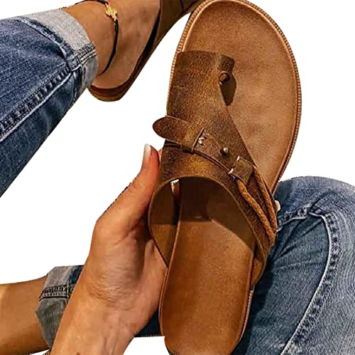 ALMAK Sandalias ortopédicas con Estilo para Mujer, Sandalias de corrección de juanetes, Sandalias de Punta Abierta de Cuero, Chanclas de tacón Plano, Zapatos de Playa Informales de Verano
