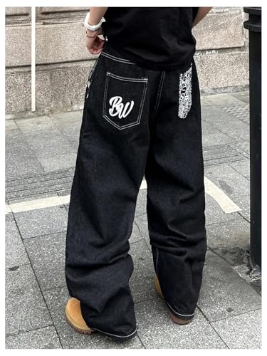 Men's Graphic Baggy Jeans Y2K Wide Leg Denim Pants Vintage Loose Denim Jeans Long Trousers with Pocket Streetwear2
