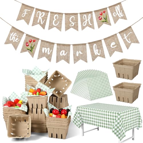 Sawysine 50 Sets Fresh Off the Market Bridal Shower Decorations 50 Pulp Fiber Berry Basket with Deli Paper Sheets 1 Green Gingham Tablecloth and 1 Banner for Farmers Market Engagement Party Supplies