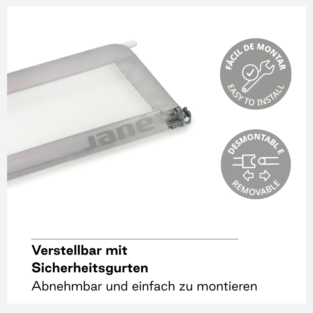 Jané Klappbares Kinderbettgitter 140 cm, Extra Hoch, Atmungsaktiv, inkl. Transporttasche, Grau