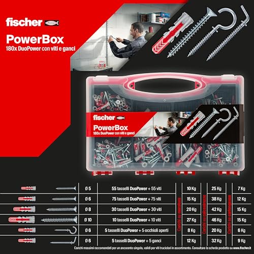 Fischer PowerBox 564282 DuoPower 180 Dowels with Screws and Hooks for Solid Wall Drilled and Drywall, 360 Pieces Total - Image 2