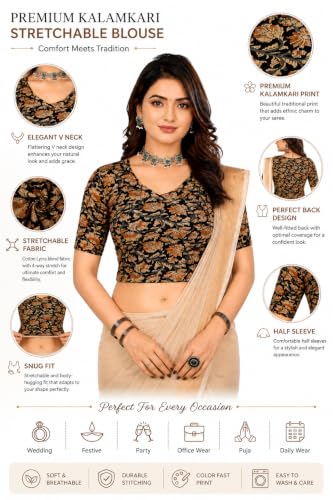 Image of Mogsa Women's Kalamkari Print Cotton Stretchable V-Neck Readymade Saree Blouse | Soft Cotton Blend | Stretch Fabric | Ready-to-Wear