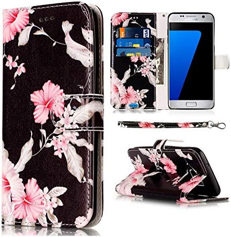 JanCalm Compatible with Galaxy S7 Case, Floral Pattern PU Leather Wallet Wrist Strap [Card/Cash Slots] Stand Flip Cases Cover for Samsung Galaxy S7 Case (Black/Flower)
