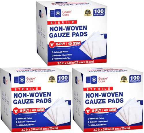 Thick Non-Woven Sterile 3x3 Gauze Pads Pack of 300| 8-ply Sponges| Individually Packed, Soft and Lint-Free Medical Pads for Enhanced Absorption and Wound Care