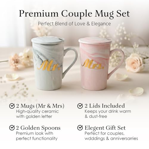 Image of ZAICUS Couple Coffee Mug Set with Lid & Spoon - Mr & Mrs Cup Set