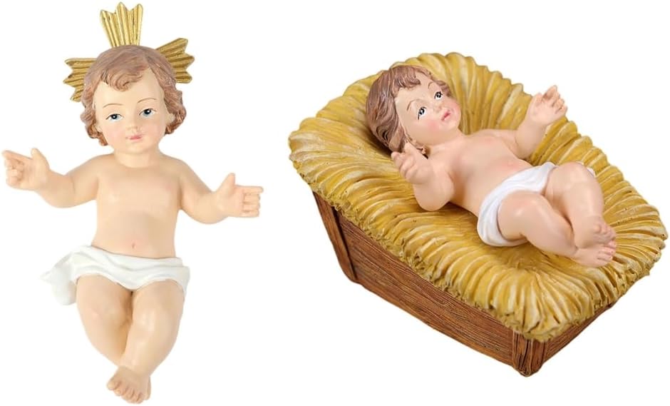 Small Nativity Statues Resin Baby Jesuses Figurines with Manger Christian Holiday Home Decors for Christmas Centerpieces