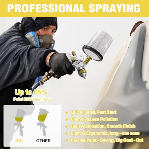 Image of HVLP Spray Gun Kits, 1.4 /1.7 /2.0 /2.5mm Nozzles with 650ml Mixing Cup & 10x Disposable Cups, Air Regulator, Paint Gun Automotive Gravity Feed Kit Cars Paint Gun, Furniture, Fence, DIY (Gold)