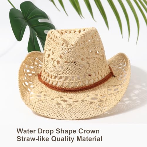 Image of DRESHOW Straw Cowboy Cowgirl Hat for Women Men Western Coastal Cowboy Beach Hat with Shapeable Brim Unisex Rolled up Caps