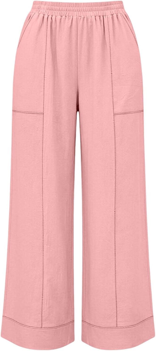 Womens Casual Wide Leg Pants High Waist Palazzo Flowy Trousers Summer Beach Vacation Outfits with Pockets