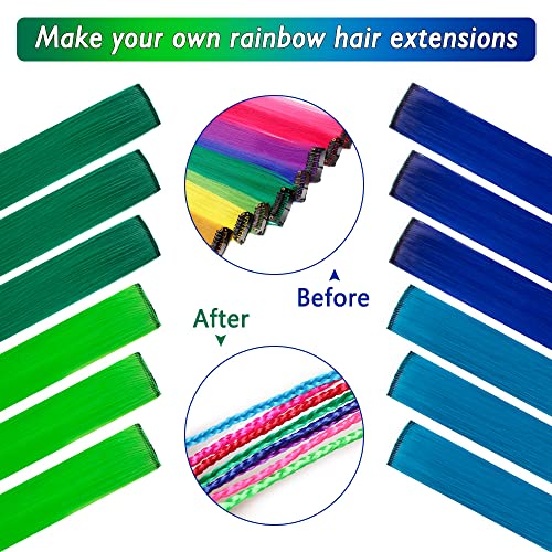 24 Pieces Party Highlights Clip In Colored Hair Extensions Colorful Hair Extensions 20 Inches Straight Synthetic Hairpieces(Blue+Dark Blue+Green+Grass Green) #TOP2