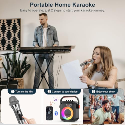 Image of JYX Karaoke Machine with 2 Wireless Microphones, Portable Bluetooth Speaker PA System with Shoulder Strap, RGB Lights, Subwoofer Support TWS, USB, Radio, AUX, REC, Bass&Treble for Home Party /Adults