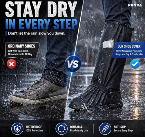 Image of PANCA Waterproof Rain Shoe Cover for Men & Women | Reusable PVC Overshoes with Non-Slip TPE Sole | Elastic Fit Anti-Skid Shoe Protector for Bike Riding, Travel & Monsoon (Black)