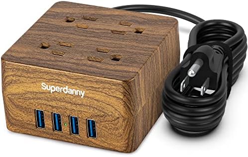 USB Power Strip Surge Protector - SUPERDANNY Desktop Extension Cord with 4 Widely Spaced Outlets & 4 Smart USB Ports, Portable Charging Station for Home, Office, Hotel, Dorm, RV, Faux Walnut Grain