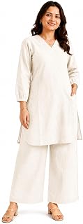Women Cotton Blend Kurta Pant Set for Women | V-Neck Straight Kurti with Palazzo Pants | Ethnic Co-Ord Set for Casual Office Price In India