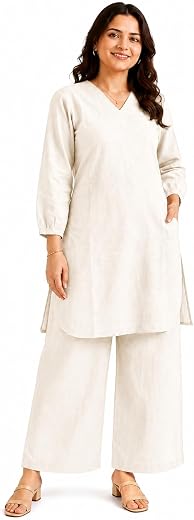 Women Cotton Blend Kurta Pant Set for Women | V-Neck Straight Kurti with Palazzo Pants | Ethnic Co-Ord Set for Casual Office