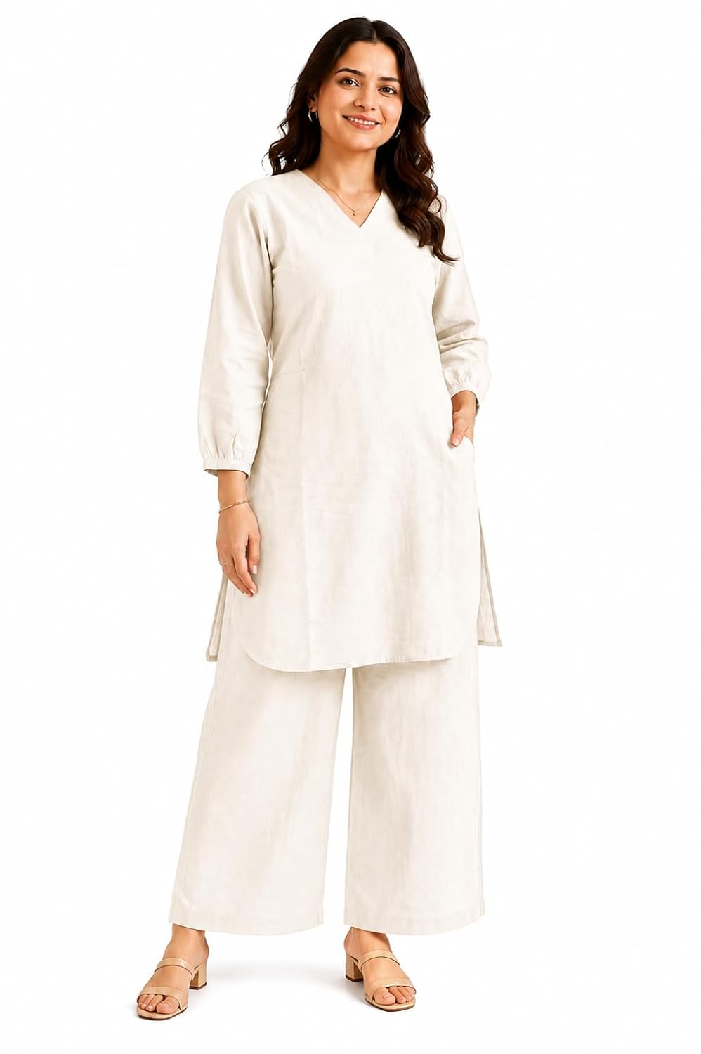 Women Cotton Blend Kurta Pant Set for Women | V-Neck Straight Kurti with Palazzo Pants | Ethnic Co-Ord Set for Casual Office
