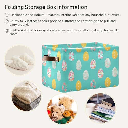 Image of Wamika Happy Easter Day Eggs Storage Basket Fabric Laundry Baskets Easter Rabbit Bunny Spring Storage Boxes Organizer Bag for Baby Cloth Dog Toy Book Storage Cubes Shelf Closet Bins 16x12x8 Inches