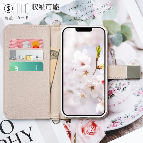 LULUYOUWEI For iPhone 14 ケース 手帳型 ショルダー おしゃれ iPhone14 アイフォン14 かわいい ストラップ 人気 いPhone 14 ケース シンプル 斜めがけ アイホン14 携帯ケース 財布型 軽量 薄型 耐衝撃 エレガント レディース あいほん14 カバー 肩掛け カード収納 スタンド機能 横置 マグネット式 高級PU 肌感レザー 女性 首かけ アプリコット