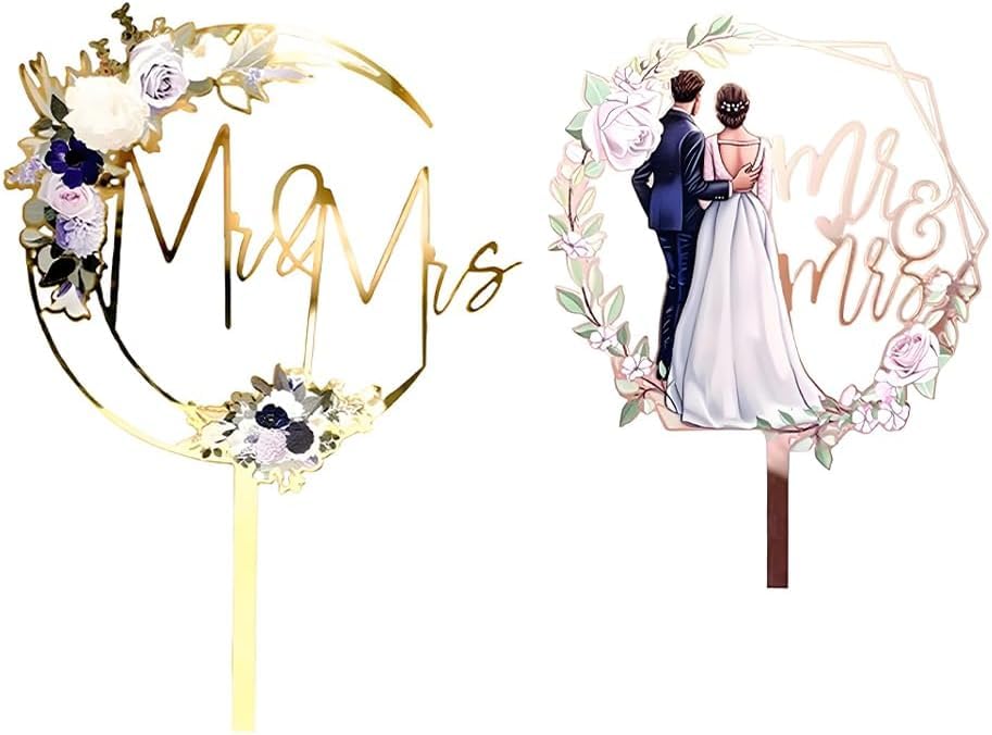 Wedding Cake Topper Acrylic Just Married - Elegant Mr & Mrs Cake Decoration for Wedding Reception, Anniversary - Rose Gold & Gold (Set of 2)