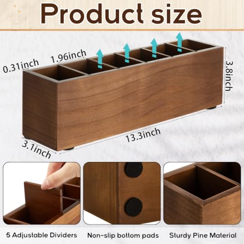 Image of Jetec Wooden Pencil Pen Holder for Desk 6 Compartments Cosmetic Makeup Brush Stationery Office Desktop Organizers for Countertop Adjustable Silverware Caddy for Party, Home, Art Supplies(Walnut)