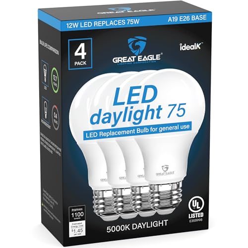 Great Eagle A19 Led Bulbs 75 Watt Equivalent - UL Listed - 5000K Daylight 75 Watt Led Light Bulbs - Non Dimmable - Standard Replacement (4 Pack)